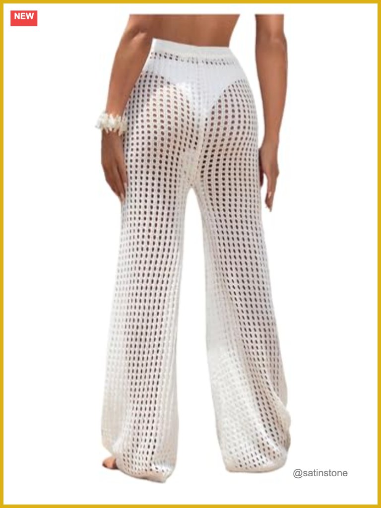 Women's Beach Cover Up Pants Hollow Out Drawstring Elastic High Waist Bathing